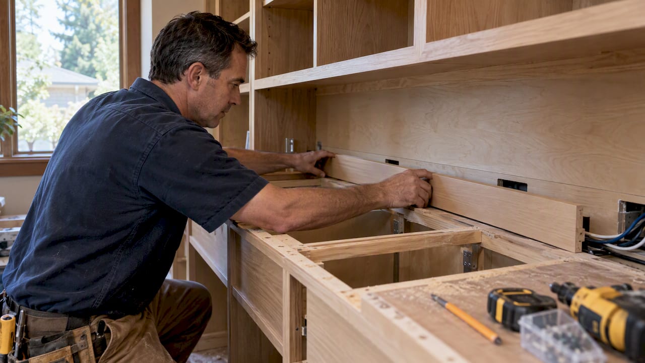 Cabinetmaker fitting a desk cable chase