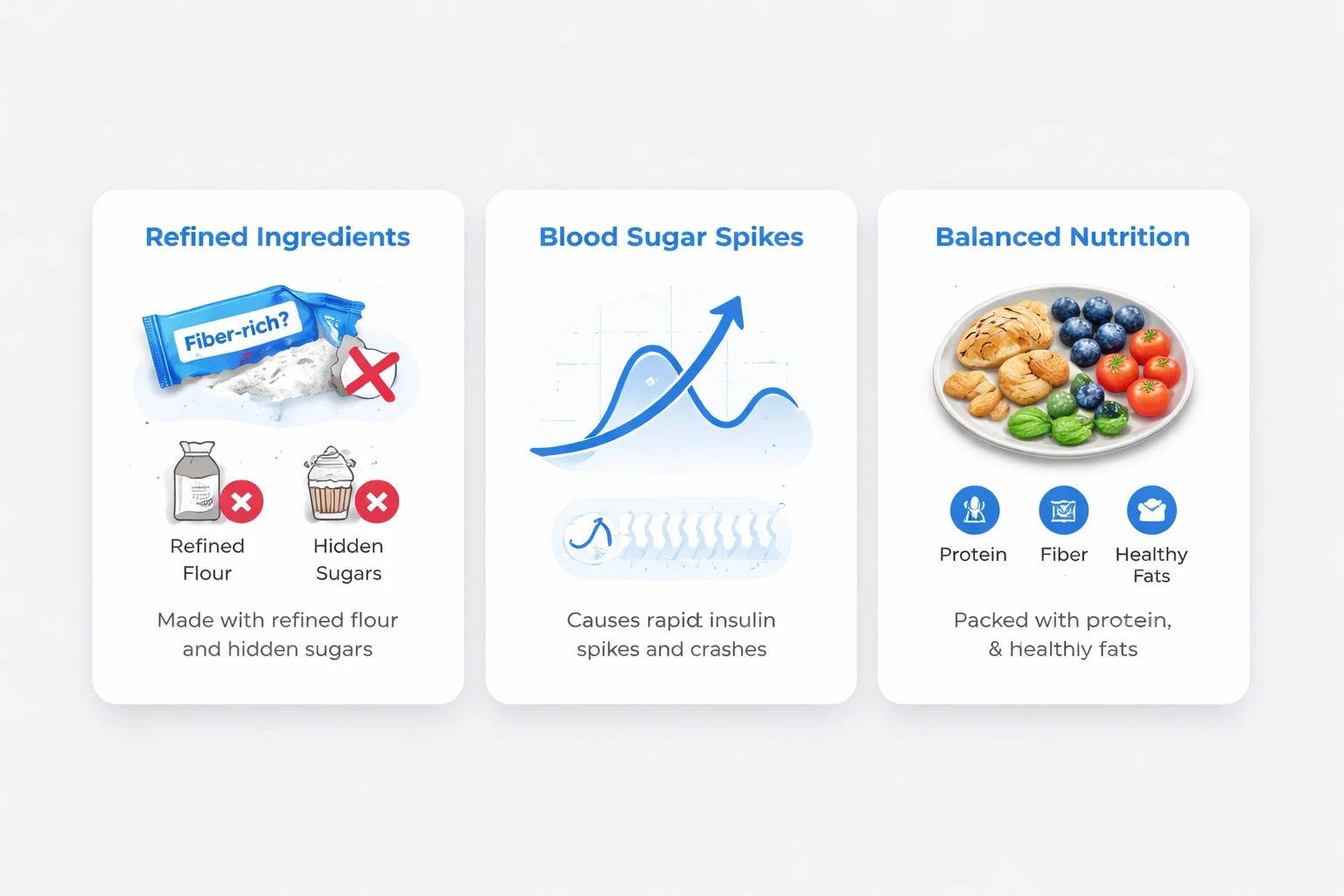 Three modern infographic cards on a light gray background illustrating the unhealthy snack trap, insulin spike, and balanced snack solution.