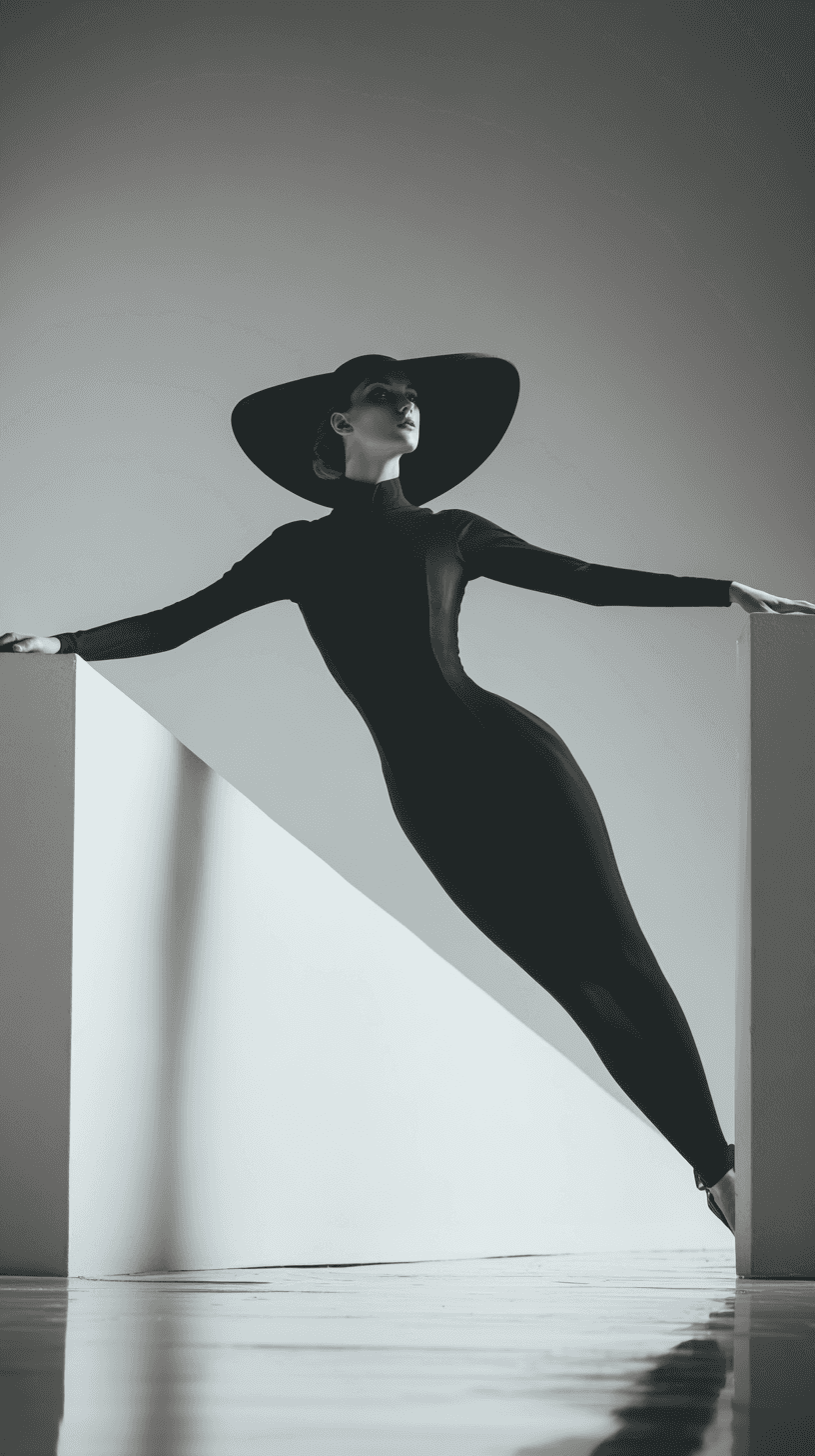 Woman in black dress and wide-brimmed hat leans on a cube.