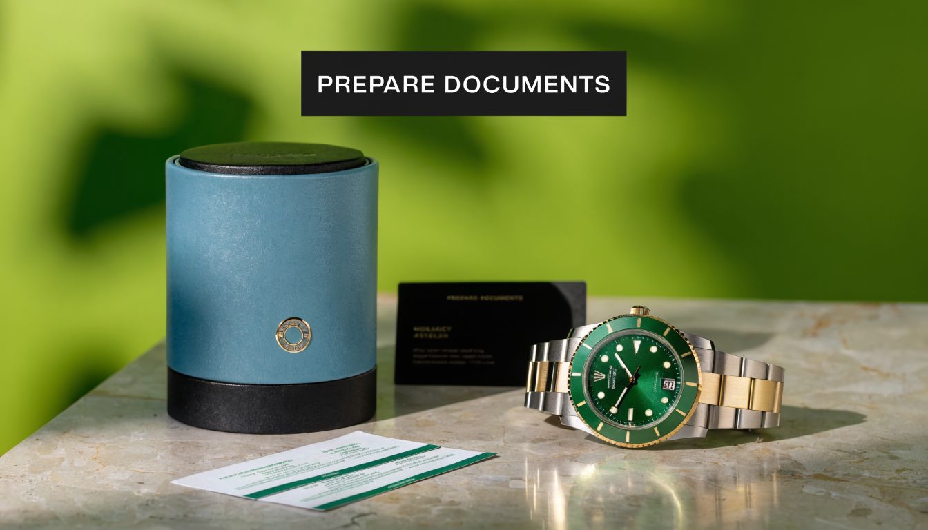 A luxury two-tone Rolex watch with a green dial sits next to its blue presentation case.