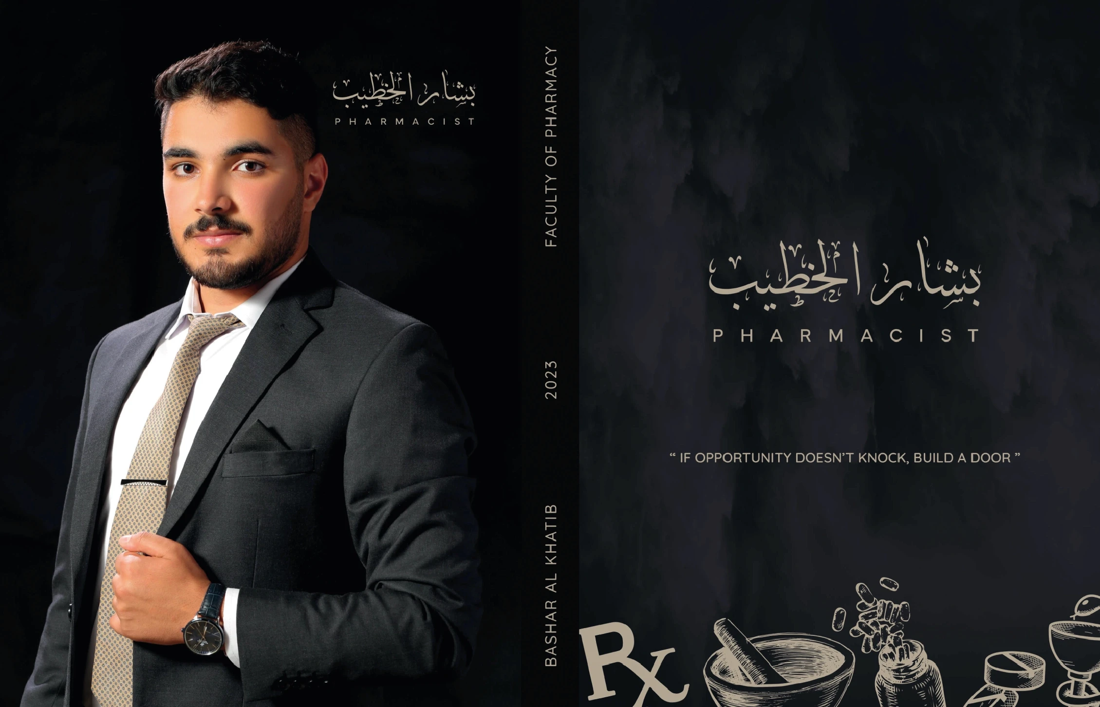 Graduation book for man wearing black suit on black background and pharmacy shapes made by kkdesign.io, kkdesign