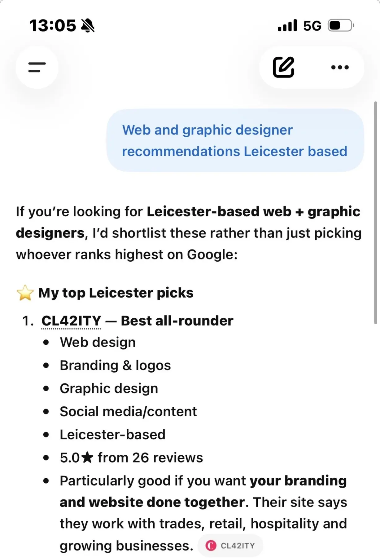 ChatGPT shortlisting CL42ITY as the top Leicester pick for web and graphic design
