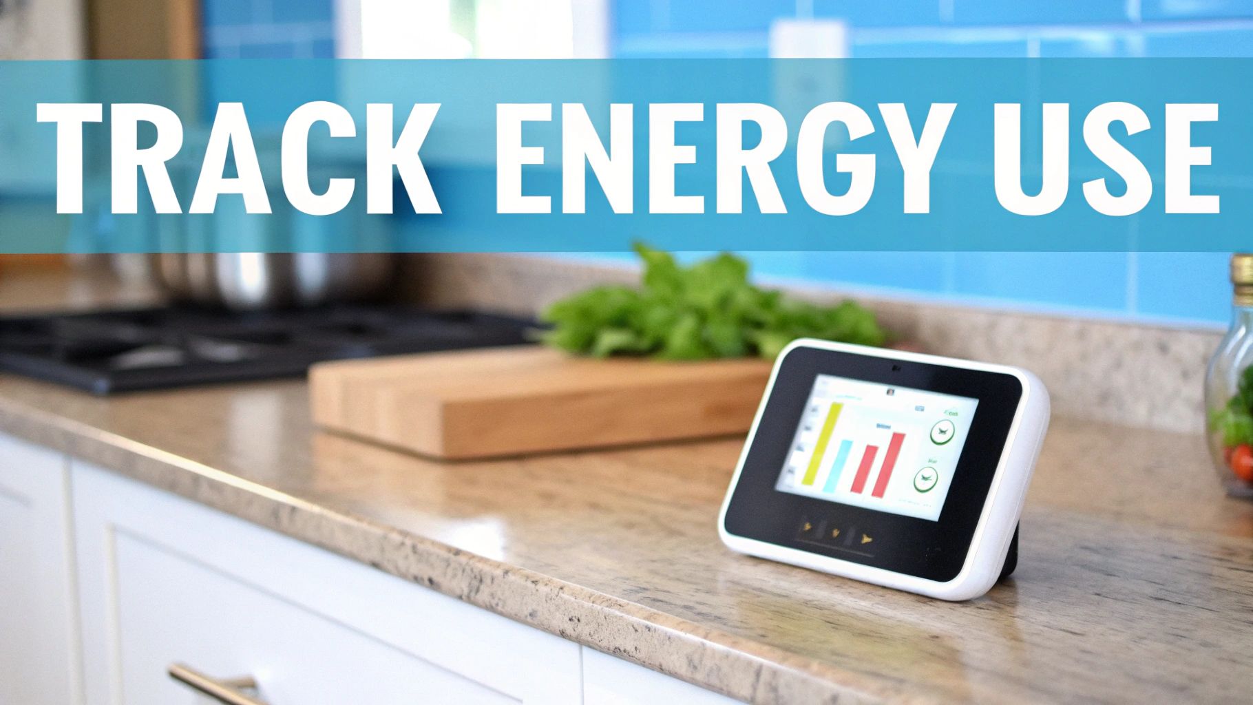 a tablet on a counter with the text 'track energy use' overhead