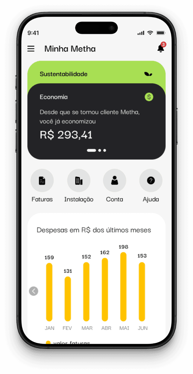 App Minha Metha exibindo dados de sustentabilidade, economia acumulada e fatura de energia