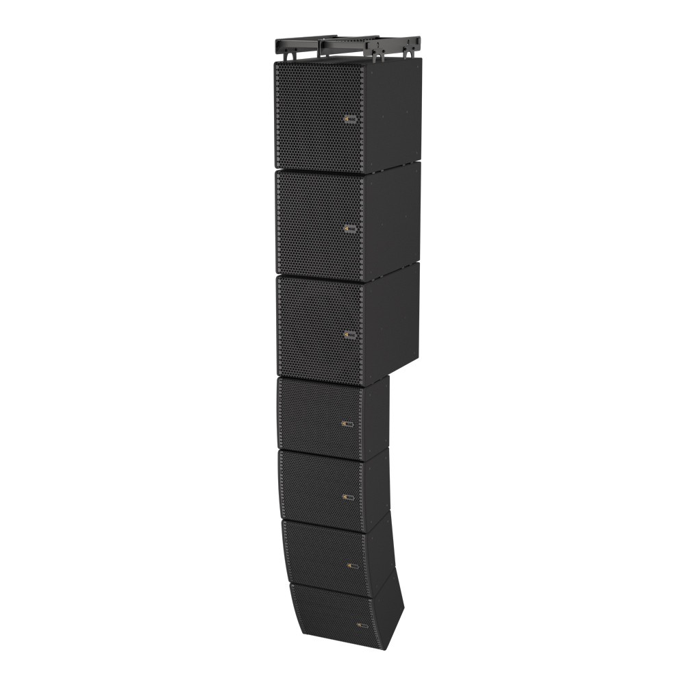 Line array speakers stacked vertically with rigging.