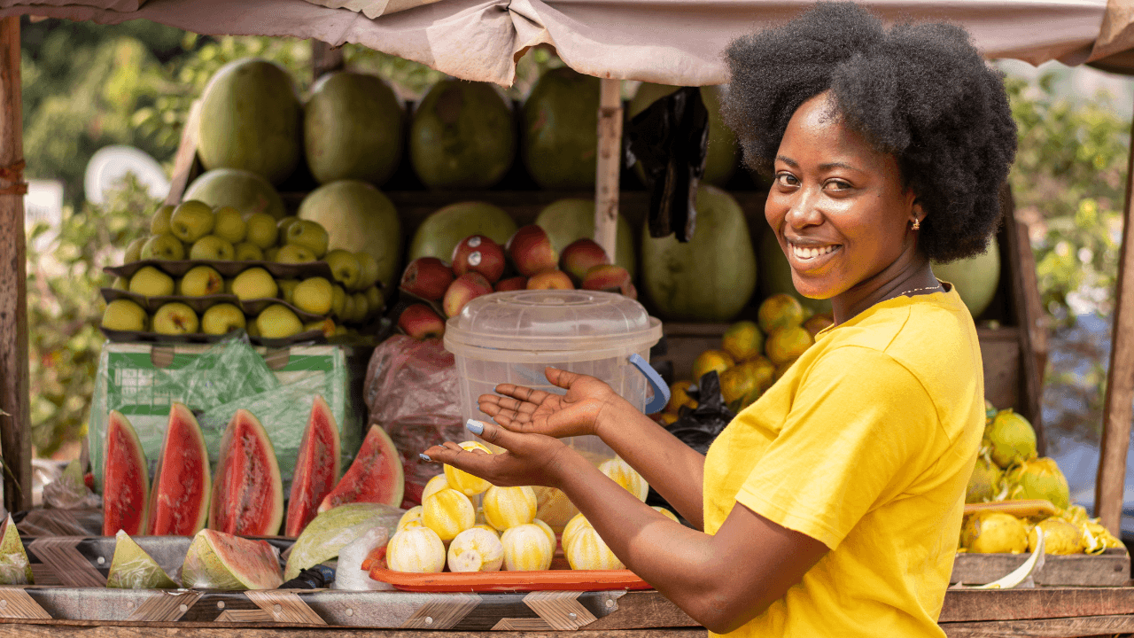 Woman cross selling different fruits