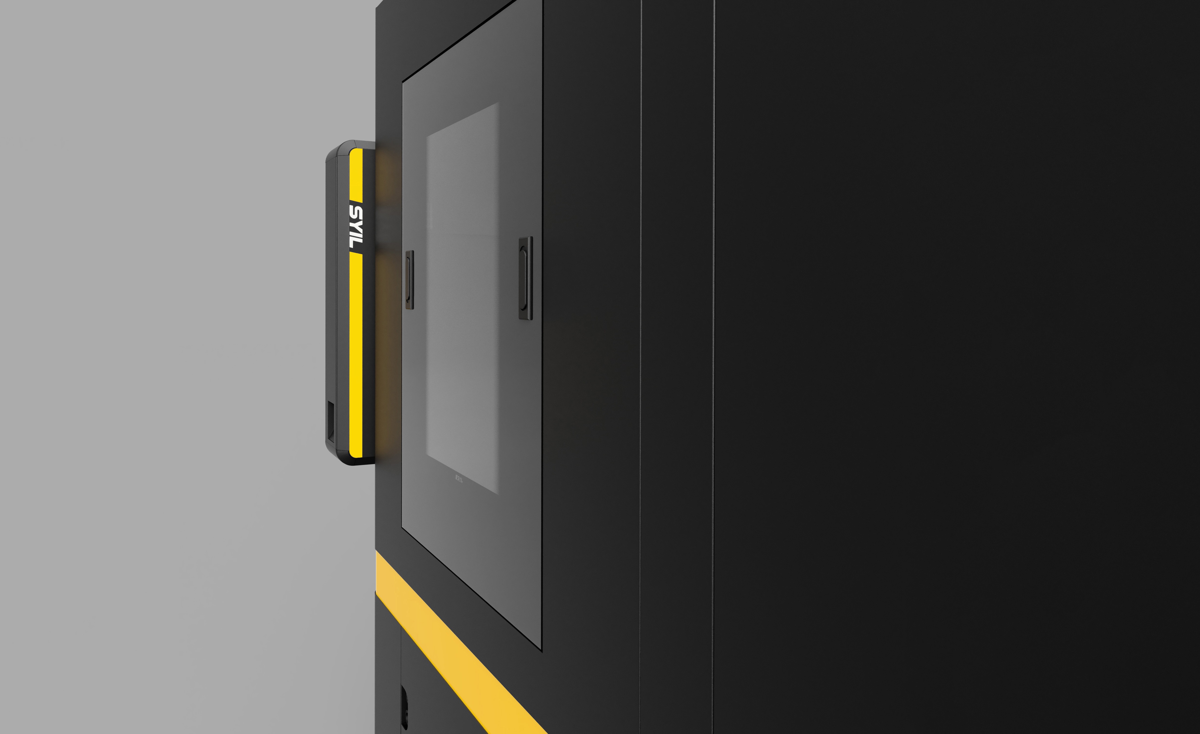 Rendering of a flat device in a grey environment showing the black ventilation slots on the side, framed by the metal top and bottom.
