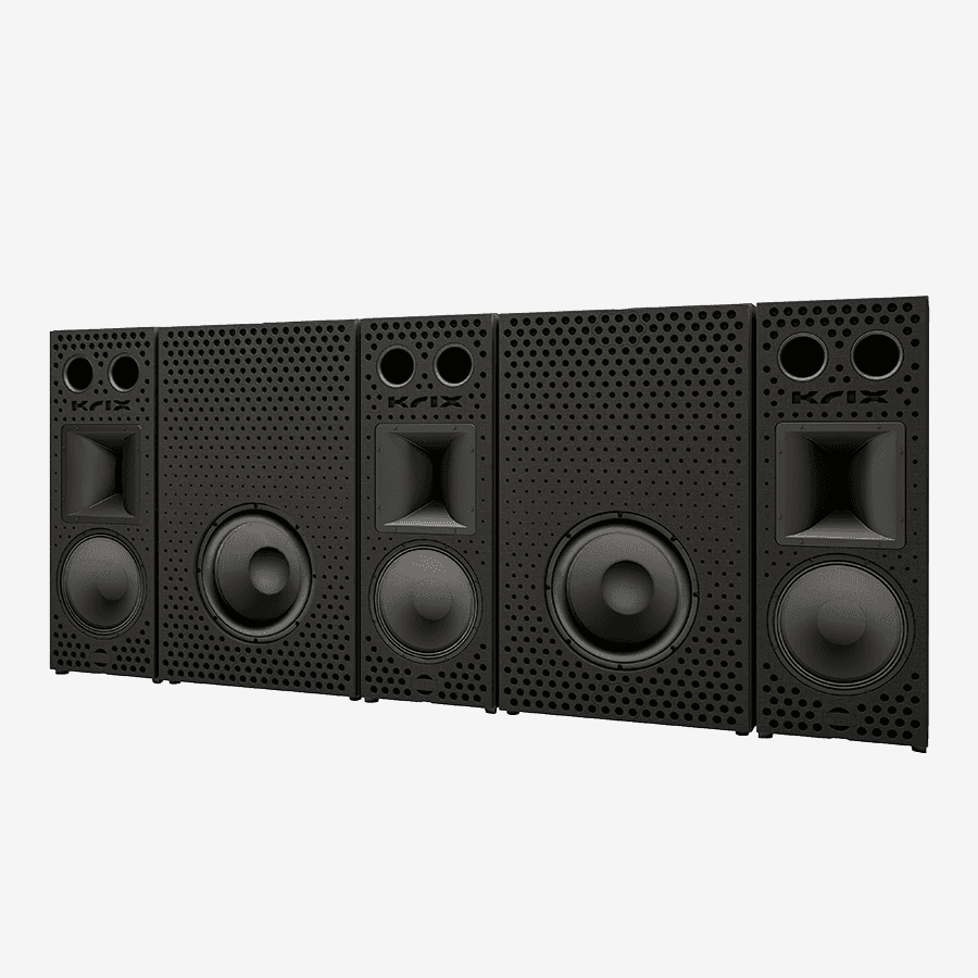 Row of black Krix speakers