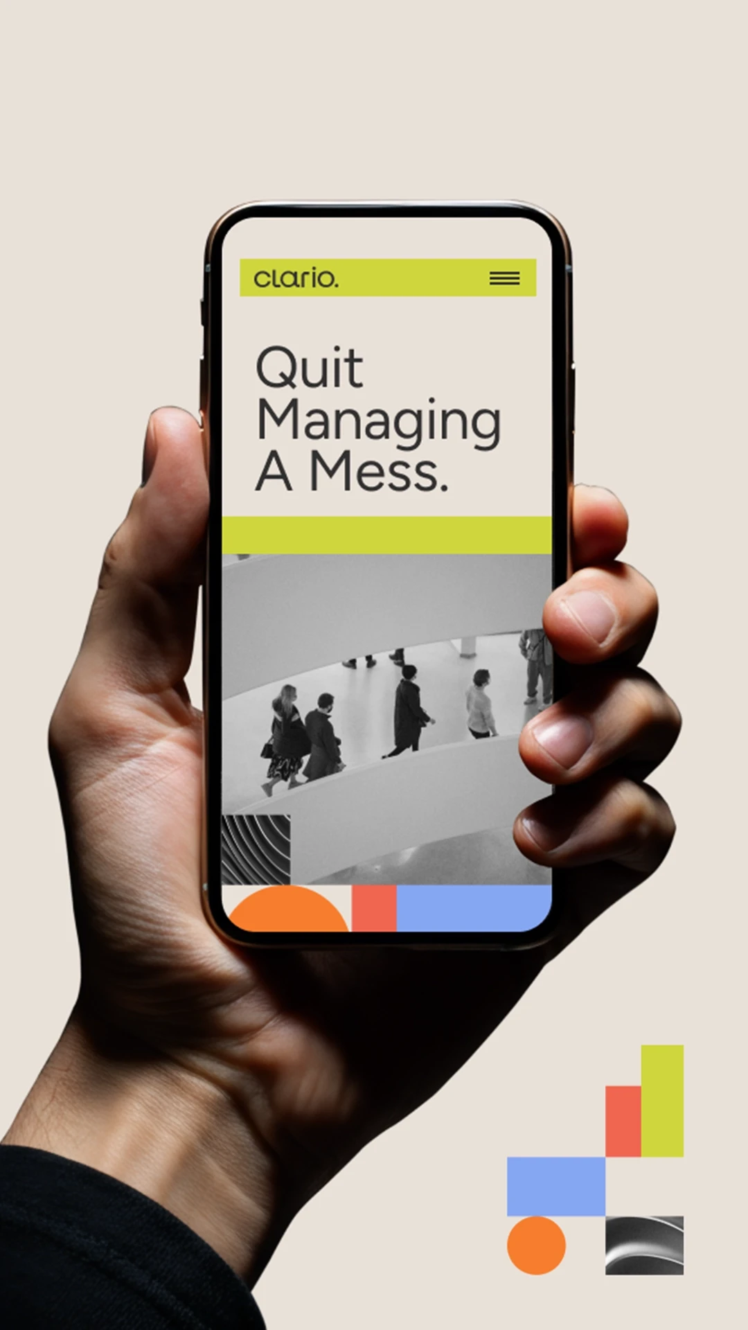 Smartphone mockup of the Clario mobile website homepage with hero headline and geometric brand pattern.