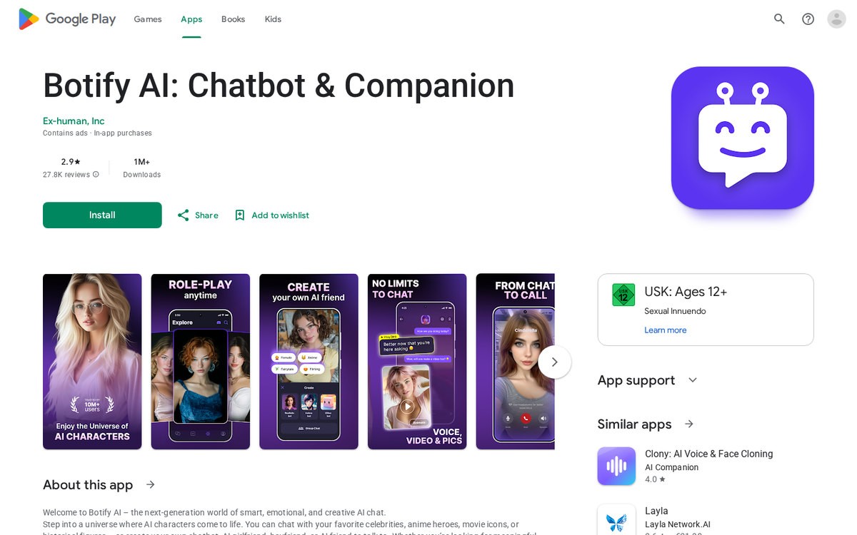 Botify AI’s Google Play listing; the iOS app is no longer in the App Store, September 2026.
