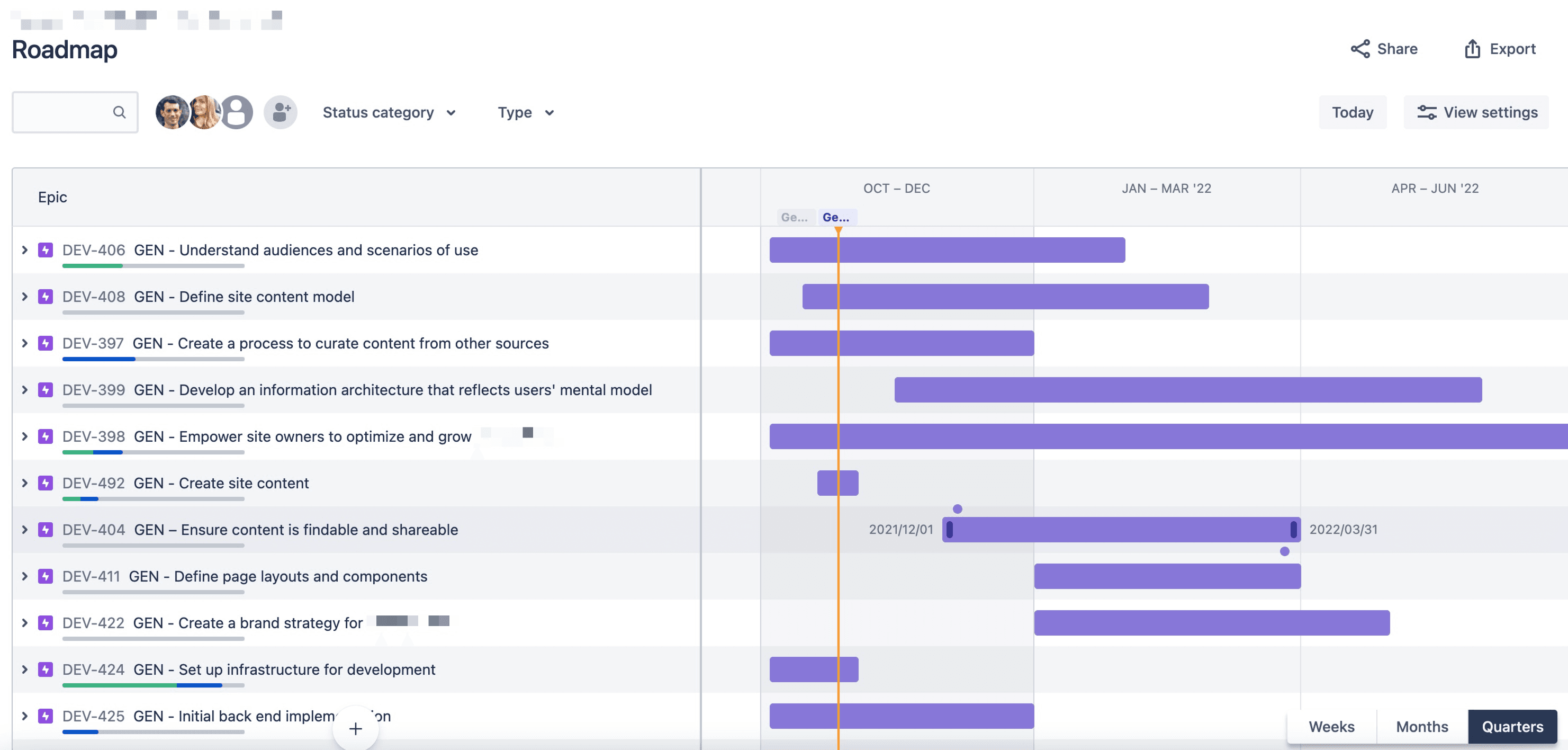 Website roadmap in Jira. 