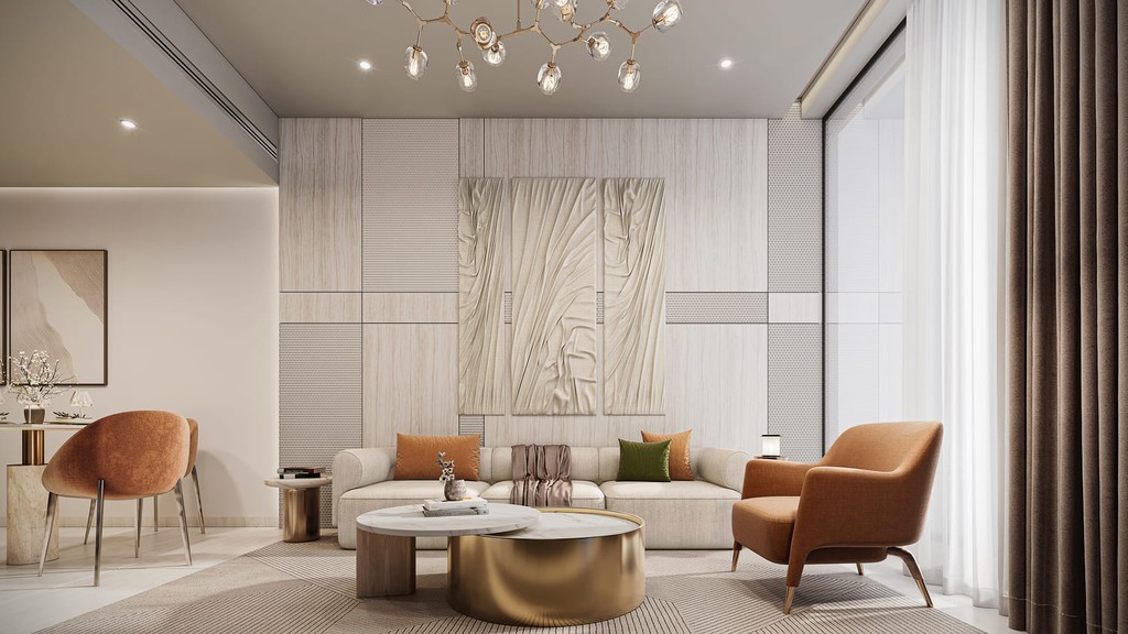 A living room at Derby Heights featuring a white wall, a sofa, a coffee table, and a wall clock.