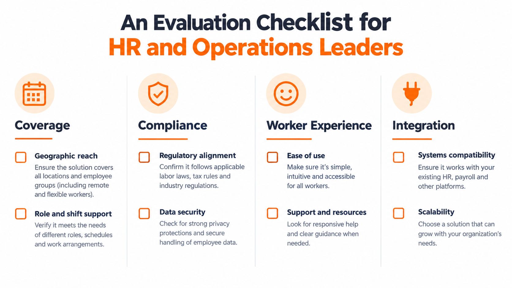 A checklist for HR and operations leaders evaluating workforce solutions across four key business categories.