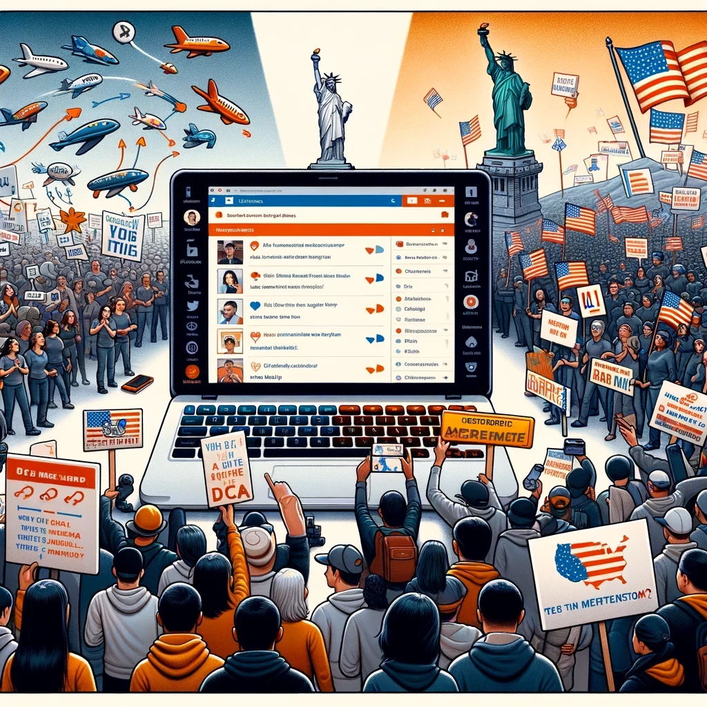 A laptop displaying a vibrant DACA discussion on Reddit juxtaposed with DACA advocates participating in a rally, illustrating the blend of online support and offline activism.