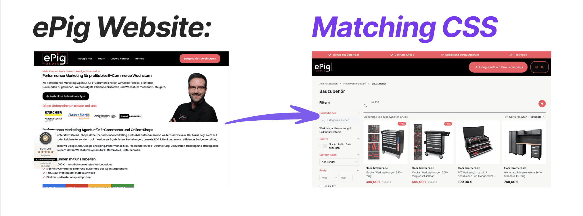 epig website and the matching comparison shopping service by label up