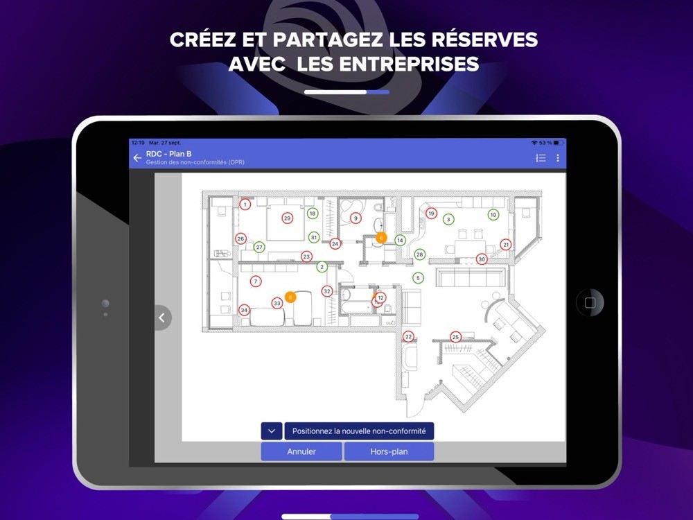 Réserves numérotées sur un plan dans l'application Batiscript, pendant les opérations préalables à la réception