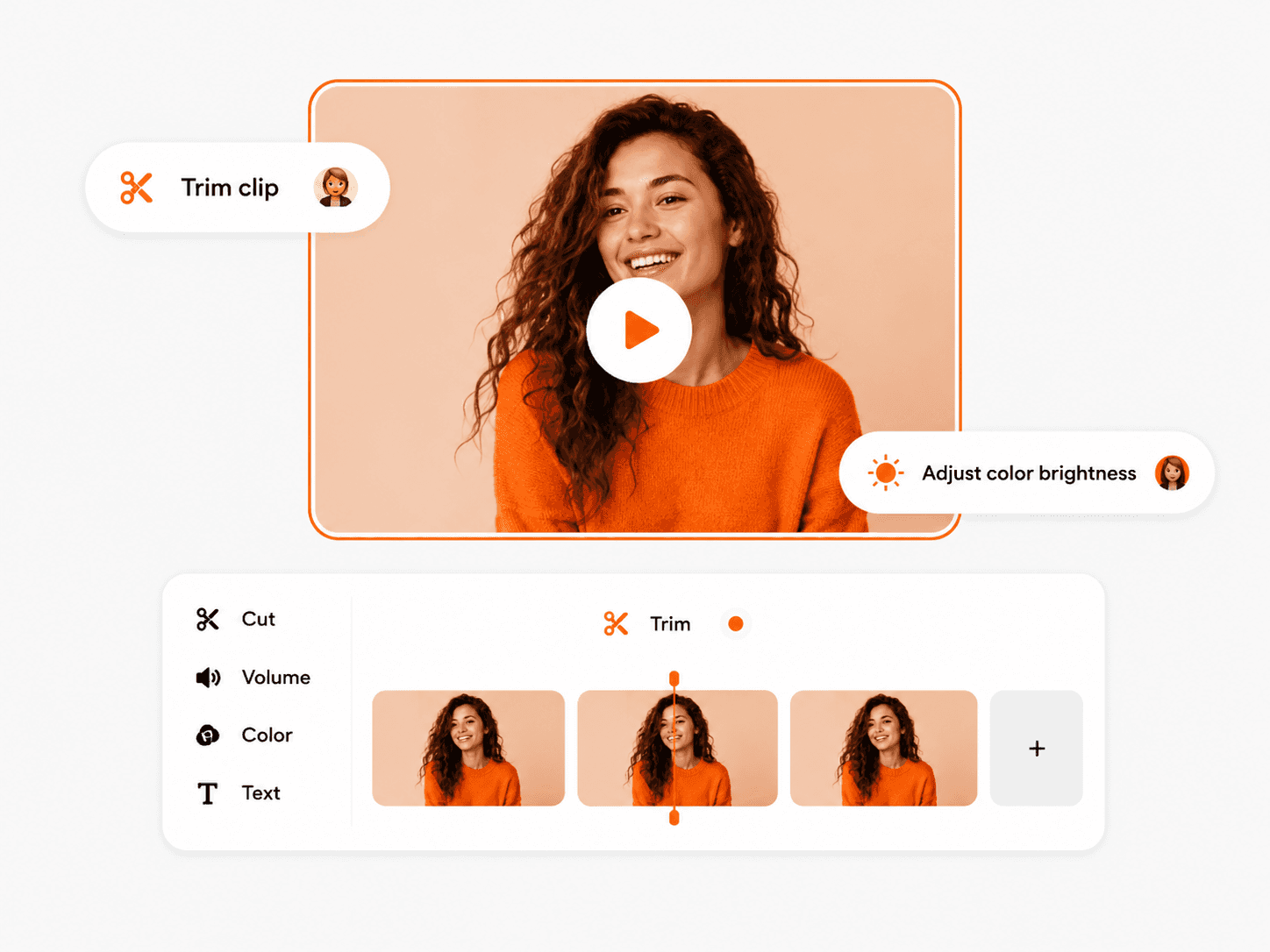 Simple video editor screen featuring a woman in an orange shirt, with trim and text tools on the side and multiple video clip thumbnails underneath the preview.