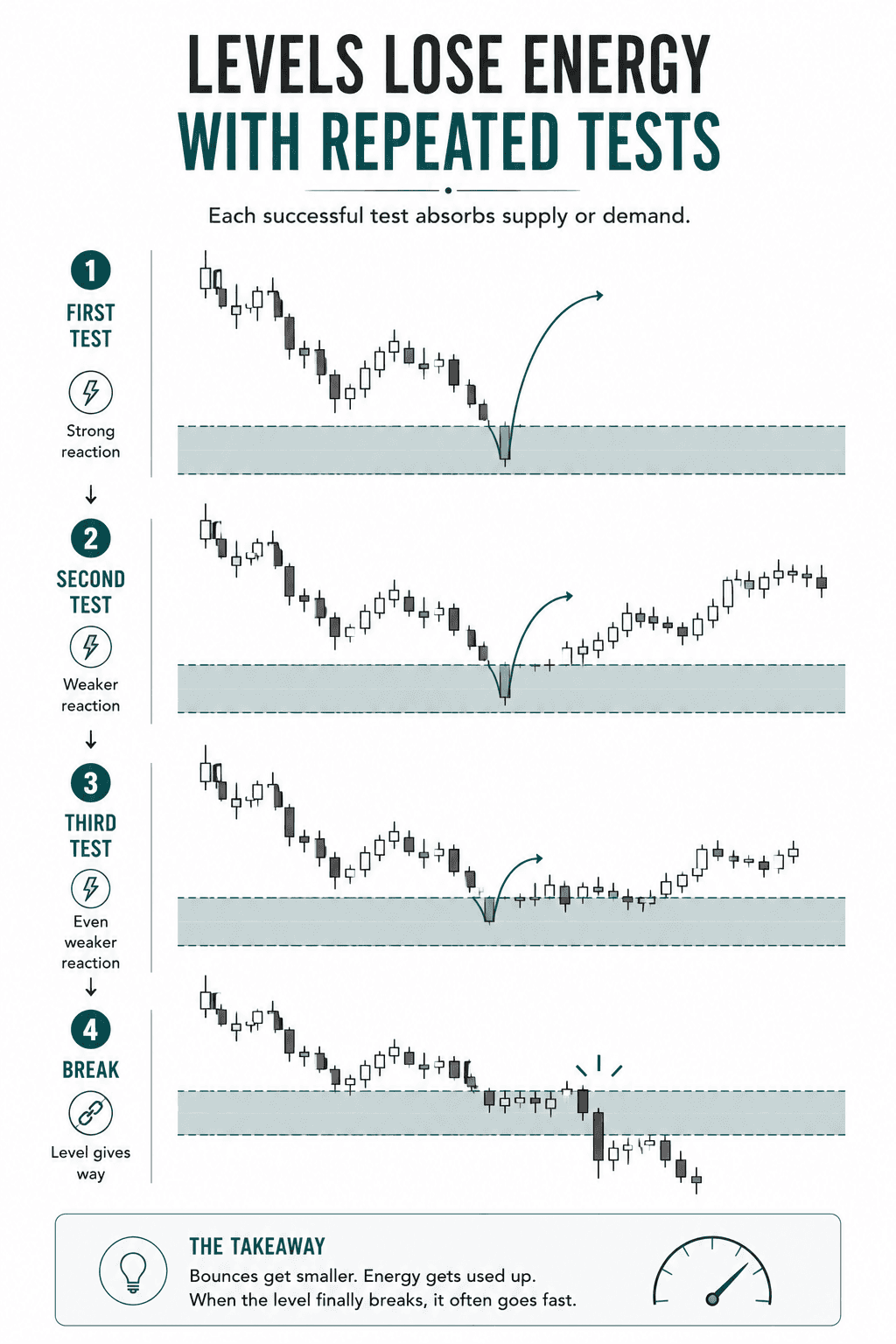 Vertical infographic showing four successive tests of the same shaded support or resistance zone. Each reaction becomes progressively weaker until price finally breaks through the level, demonstrating how repeated tests gradually absorb supply or demand.