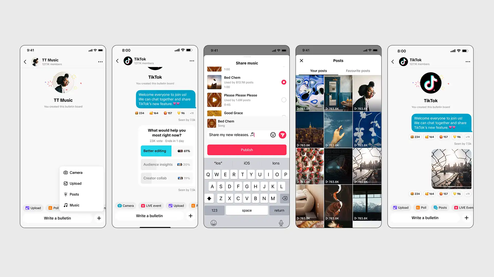 Screenshots of the TikTok bulletin board creator interface, showing how to post music, polls, and updates to fans. Source: TikTok Newsroom