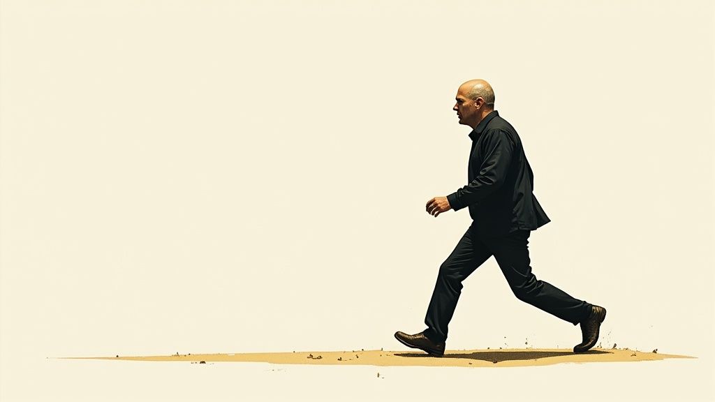 Ein kahlköpfiger Mann in schwarzer Kleidung läuft dynamisch über sandigen Boden vor hellem Hintergrund.