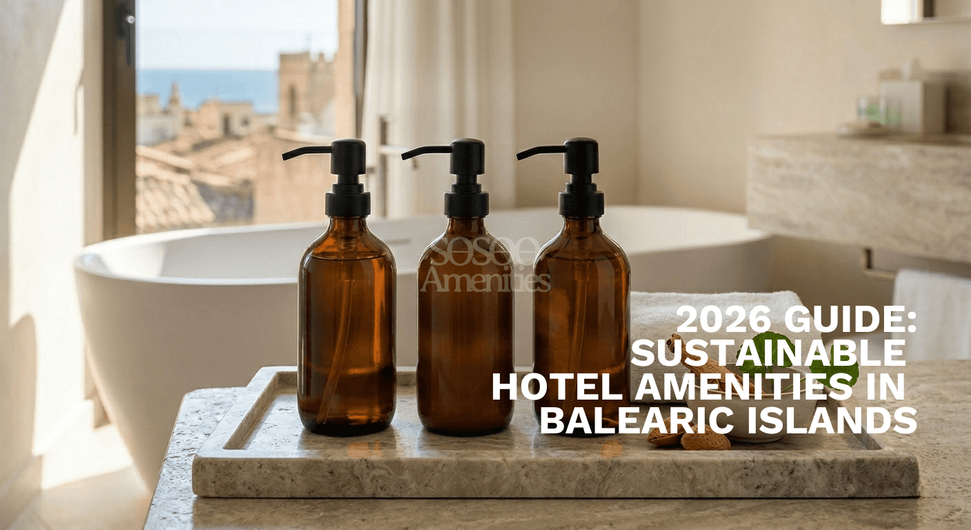 A minimalist luxury hotel bathroom with natural light, featuring three empty amber glass pump dispensers on a large stone tray. Raw Korean botanicals and local Balearic almond shells sit in a bowl beside the dispensers, with a blurred view of Palma de Mallorca outside the window