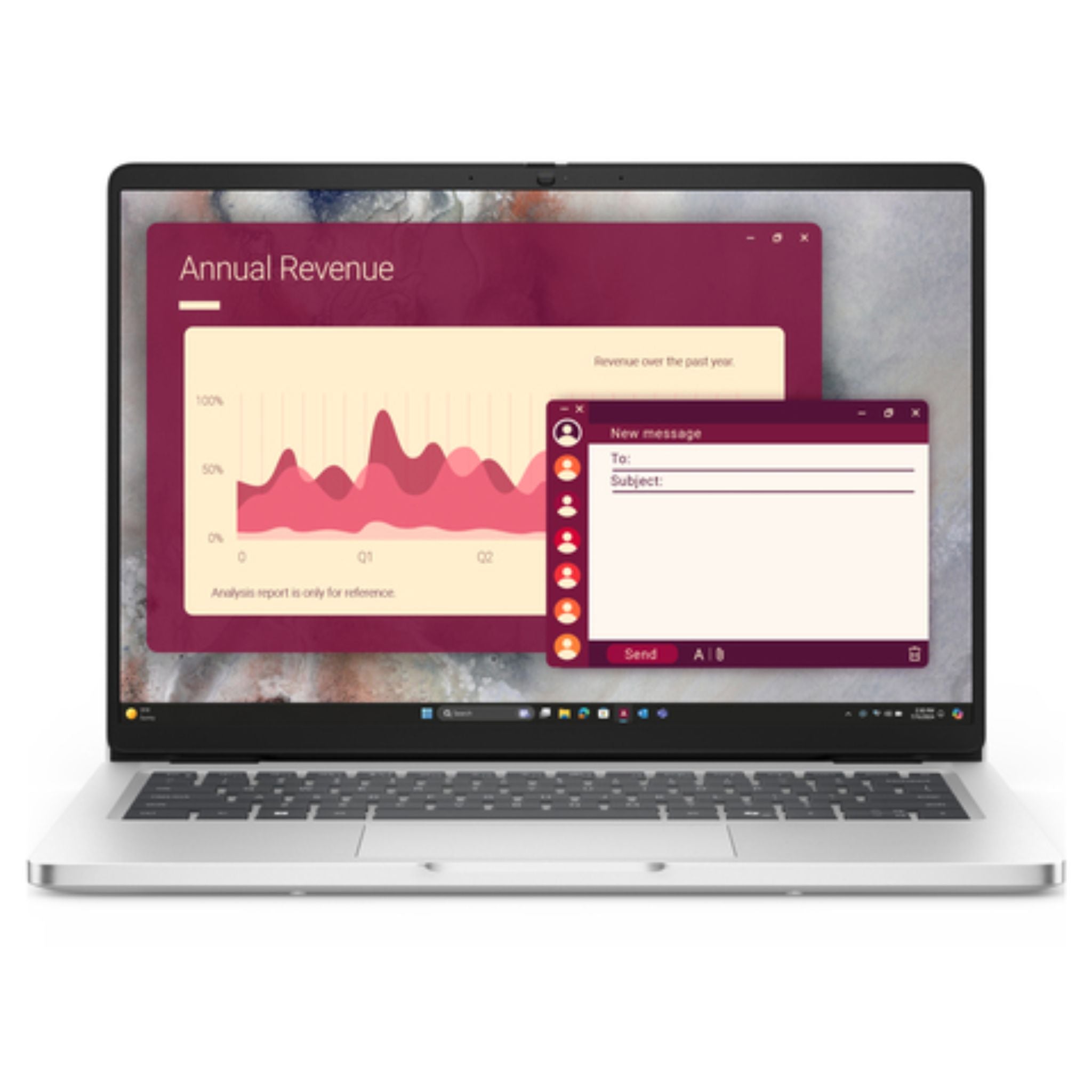 Laptop Dell Pro 14 PC14250 vista frontal con pantalla de 14 pulgadas mostrando interfaz de productividad