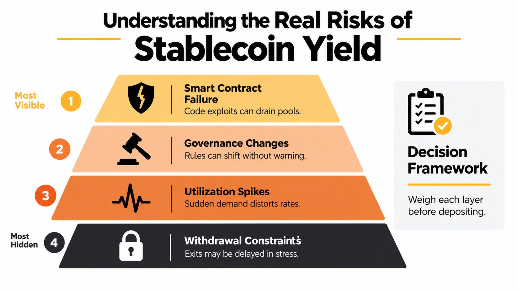 A four-layer pyramid chart detailing the hidden risks of stablecoin yield farming in decentralized finance platforms.