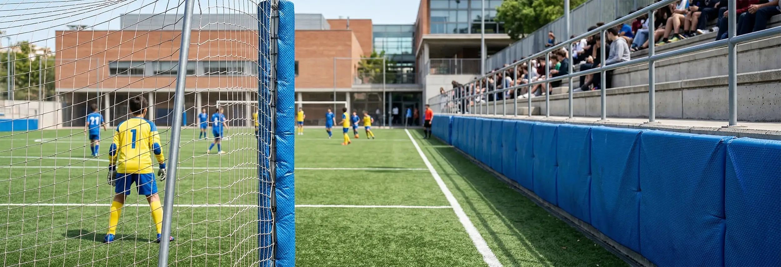 cancha de futbol con protecciones acolchadas