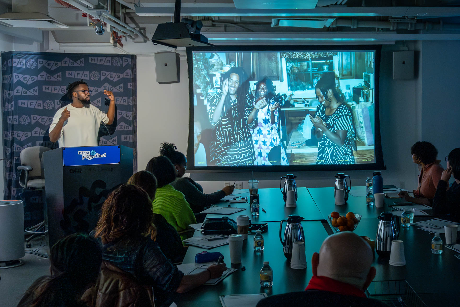 student at a podium giving a presentation
