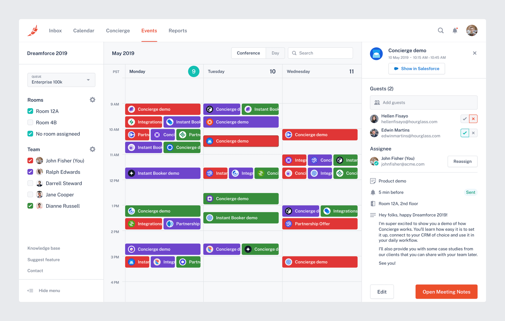 A calendar view of the team’s schedule for a 3-day conference. On the left side, there are a couple of filters. The main part of the screen contains a 3-day view of all the team’s meetings. There’s like more than a dozen scheduled for each day, some happening at the same time. One of these events is clicked and on the right side of the screen, there’s a drawer that shows that event’s details.