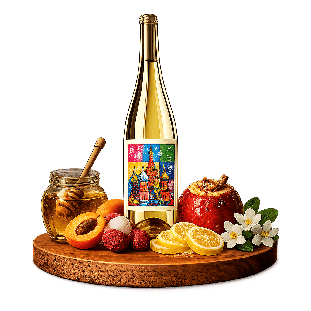 Artistic label and flavor profile for Russian Ice Wine on a rustic wooden table.