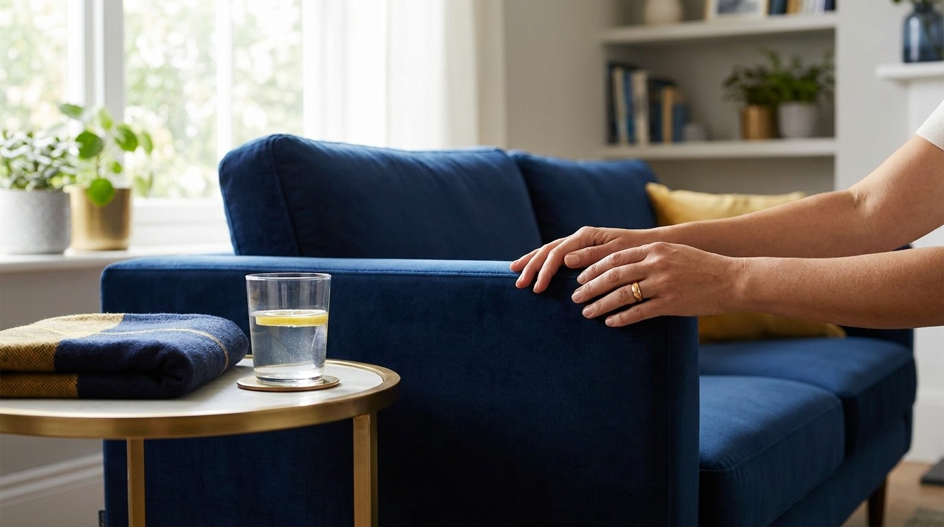 Calm home scene with a glass of water on a side table, representing resting upright after Botox