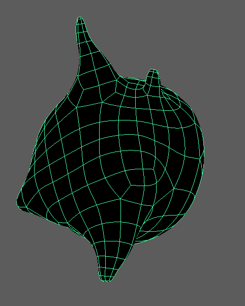 Wireframe view of a pointed bulbous plant form with a central ridge.