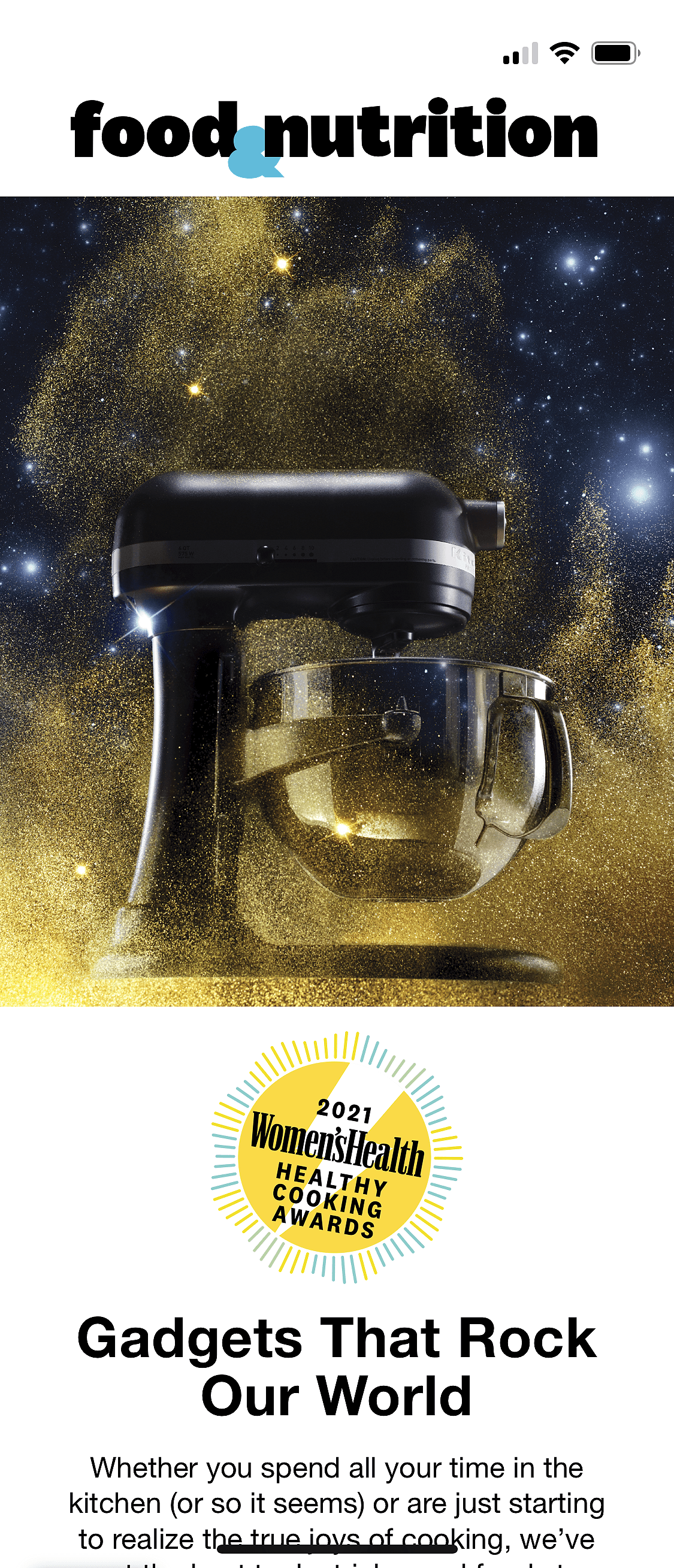 The Healthy cooking awards homepage with the cake mixer on a cloud of gold stardust as the main image