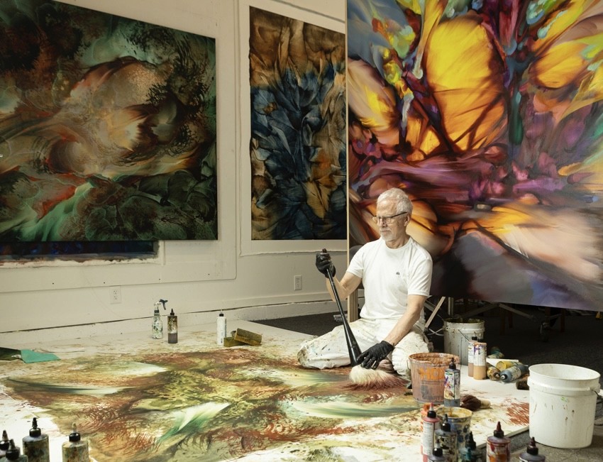 Kevin Cosley’s painting Sudden Growth, 75x75 inches, oil on canvas, 2024. On view at the Meydenbauer Center as part of the exhibit Somewhere I’ve Never Been Before.