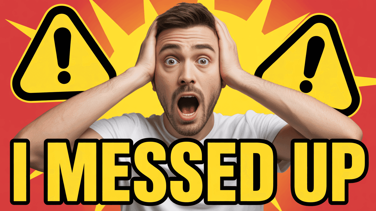 Shocked streamer clutching head in front of game over screen with I MESSED UP headline