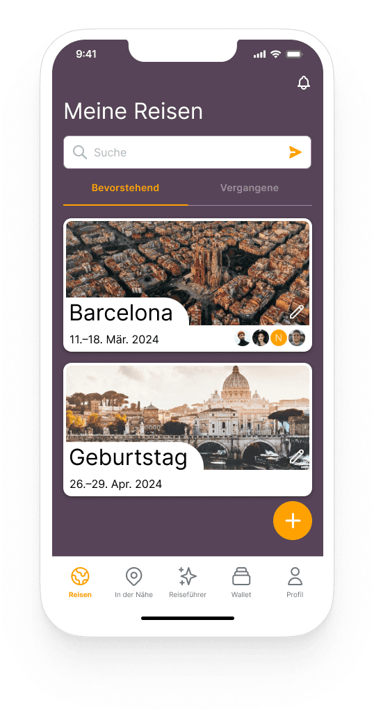 Übersichtsscreen, in dem bereits angelegte Reisen aufgelistet sind