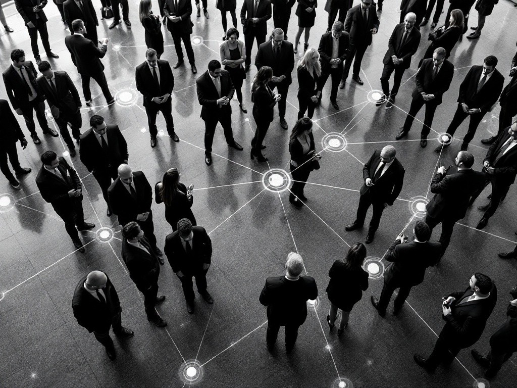 A black and white image of a network of business people