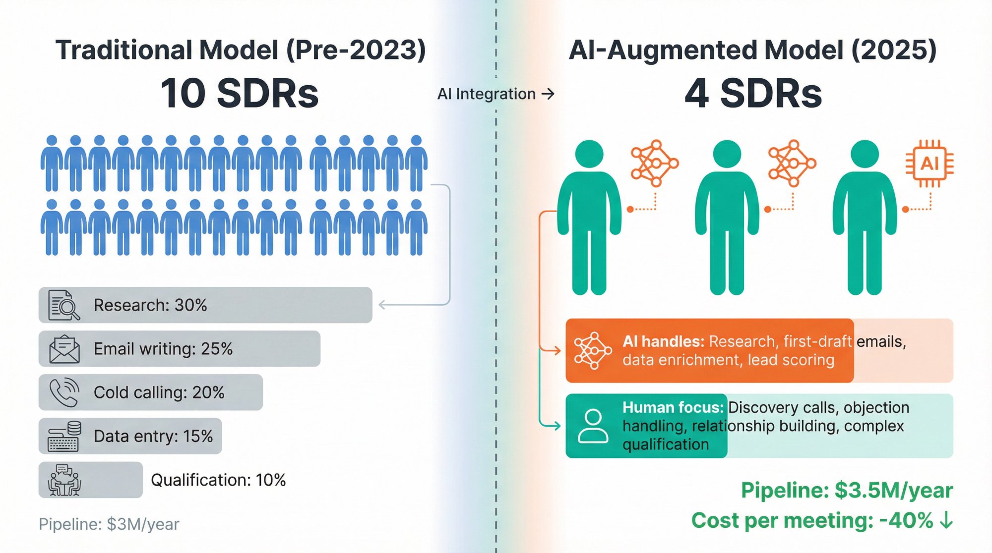 Side-by-side comparison showing traditional SDR teams versus AI-augmented SDR pods with task allocation breakdown