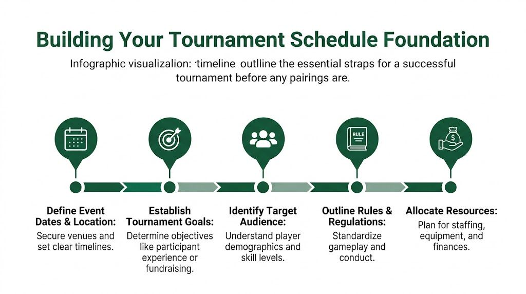An infographic titled Building Your Tournament Schedule Foundation, showing five essential steps for organizing a successful event.