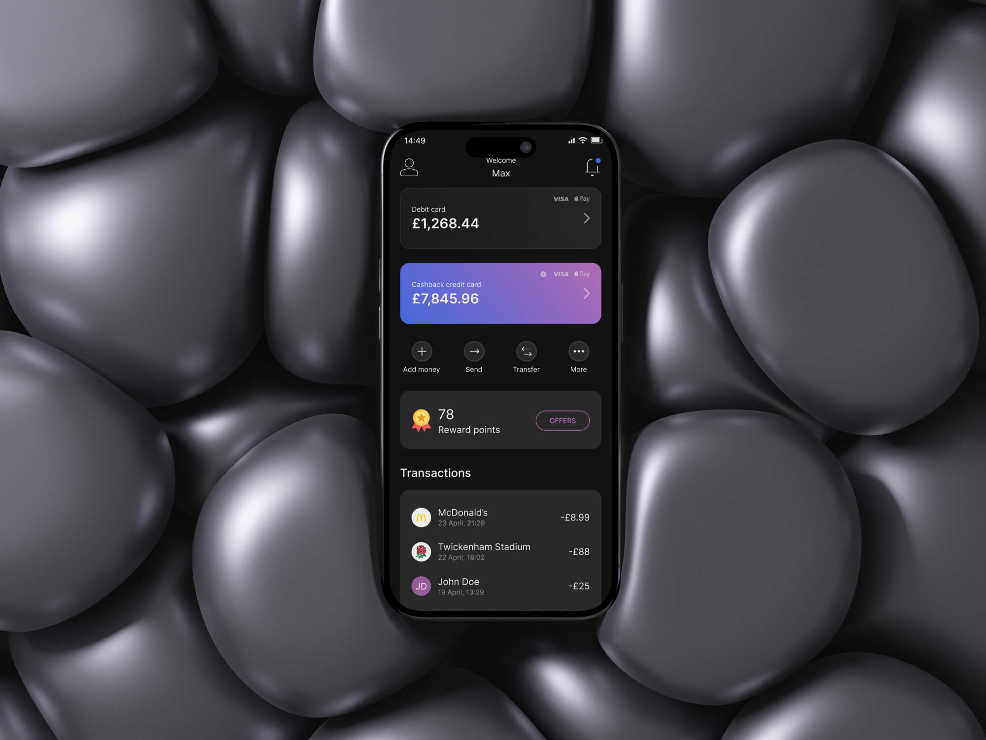 Mobile on a bubbly black background, screen shows Fintech app landing section, showing current card funds, points earned and transactions