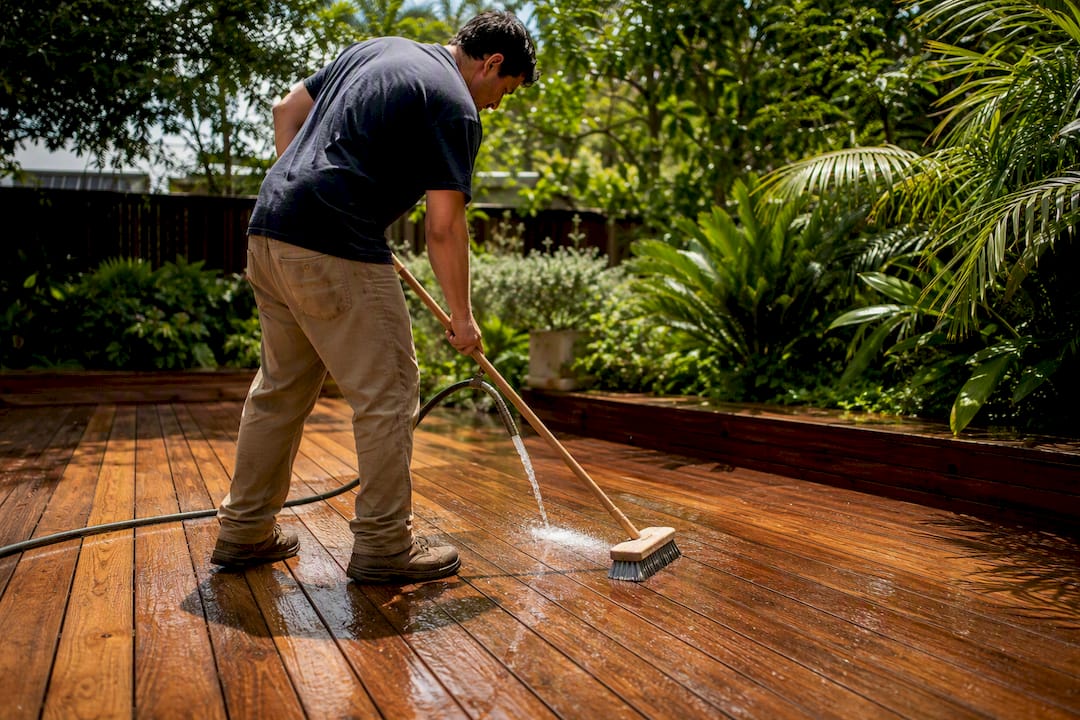 Hands scrubbing cedar deck with brush and hose