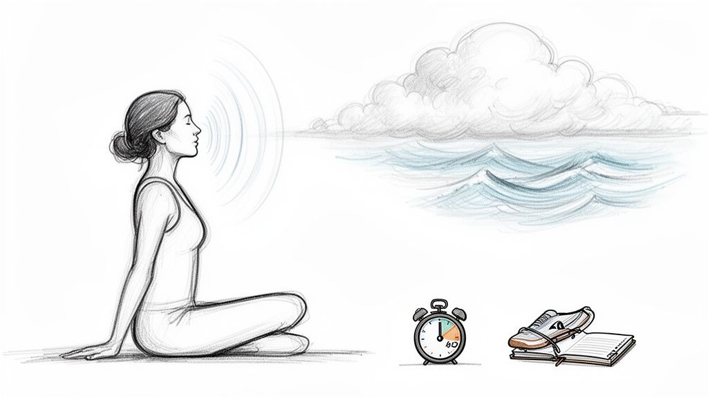 A woman meditating, with a mindful ocean and clouds scene. An alarm clock and running shoes on a notebook are below.