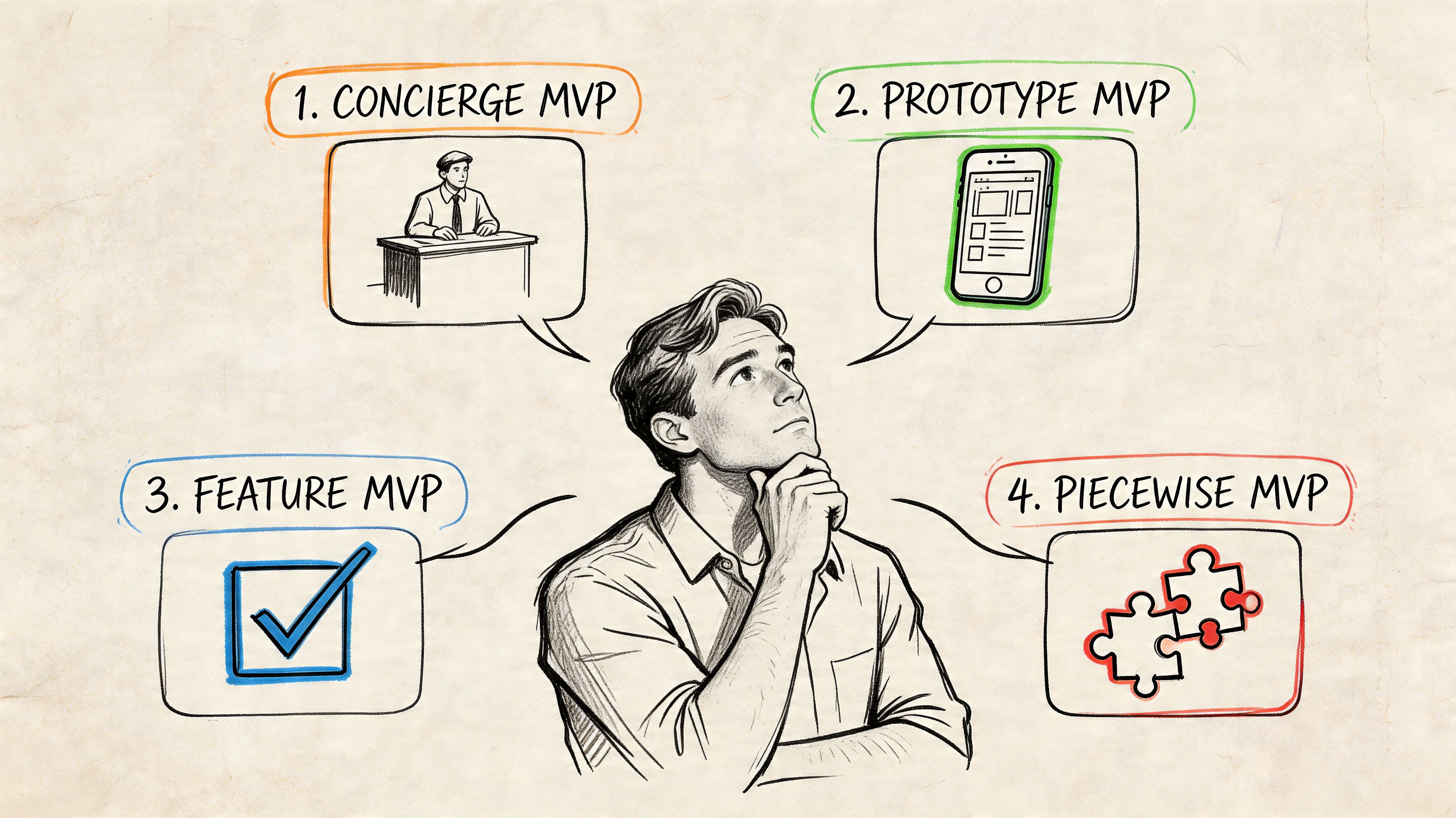 A man thinking about four different types of Minimum Viable Product strategies illustrated in sketches.