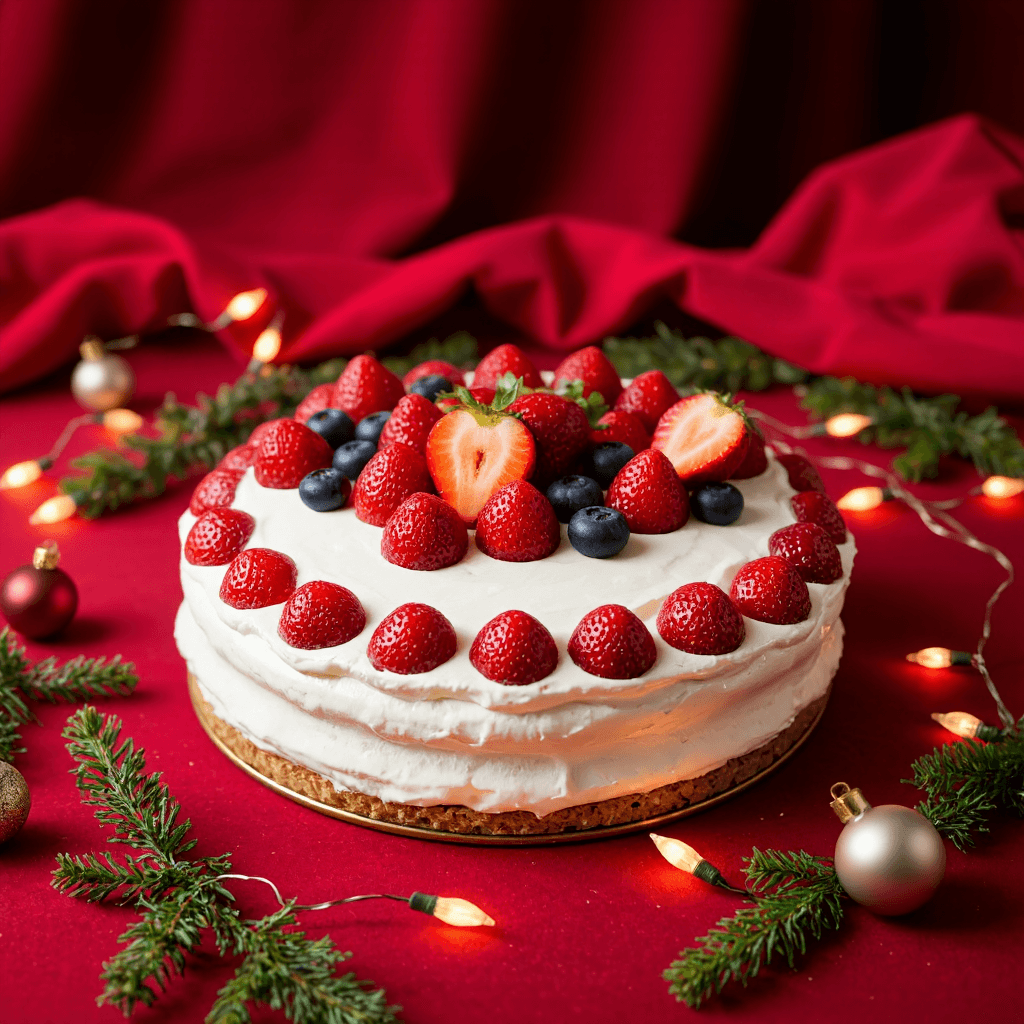 product photography of a round cake topped with fresh fruits and cream, typically used for celebrations