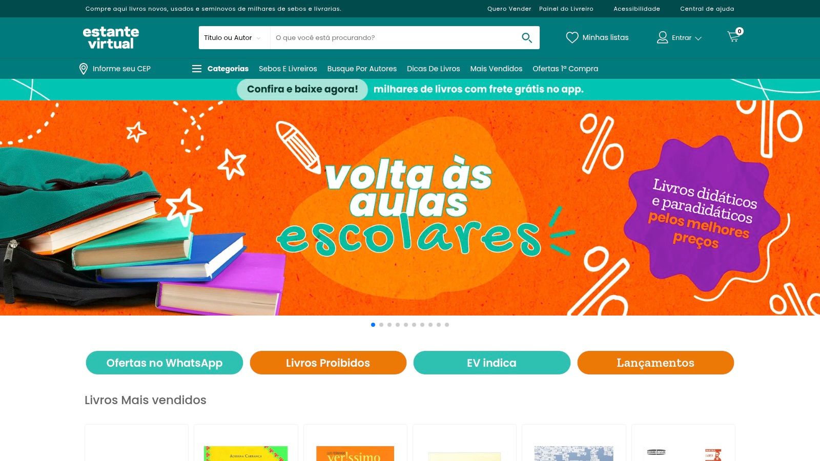 A screenshot of the Estante Virtual homepage, showcasing its search bar and the vast collection of books available from independent sellers across Brazil.