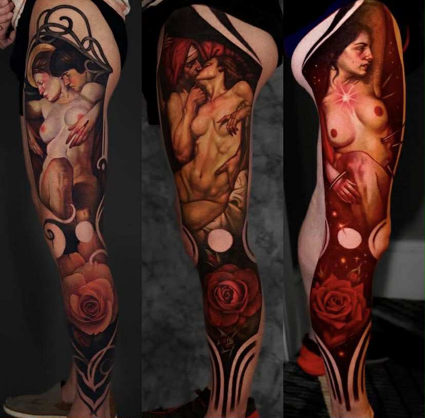 Elegant floral and butterfly tattoo with compass design.