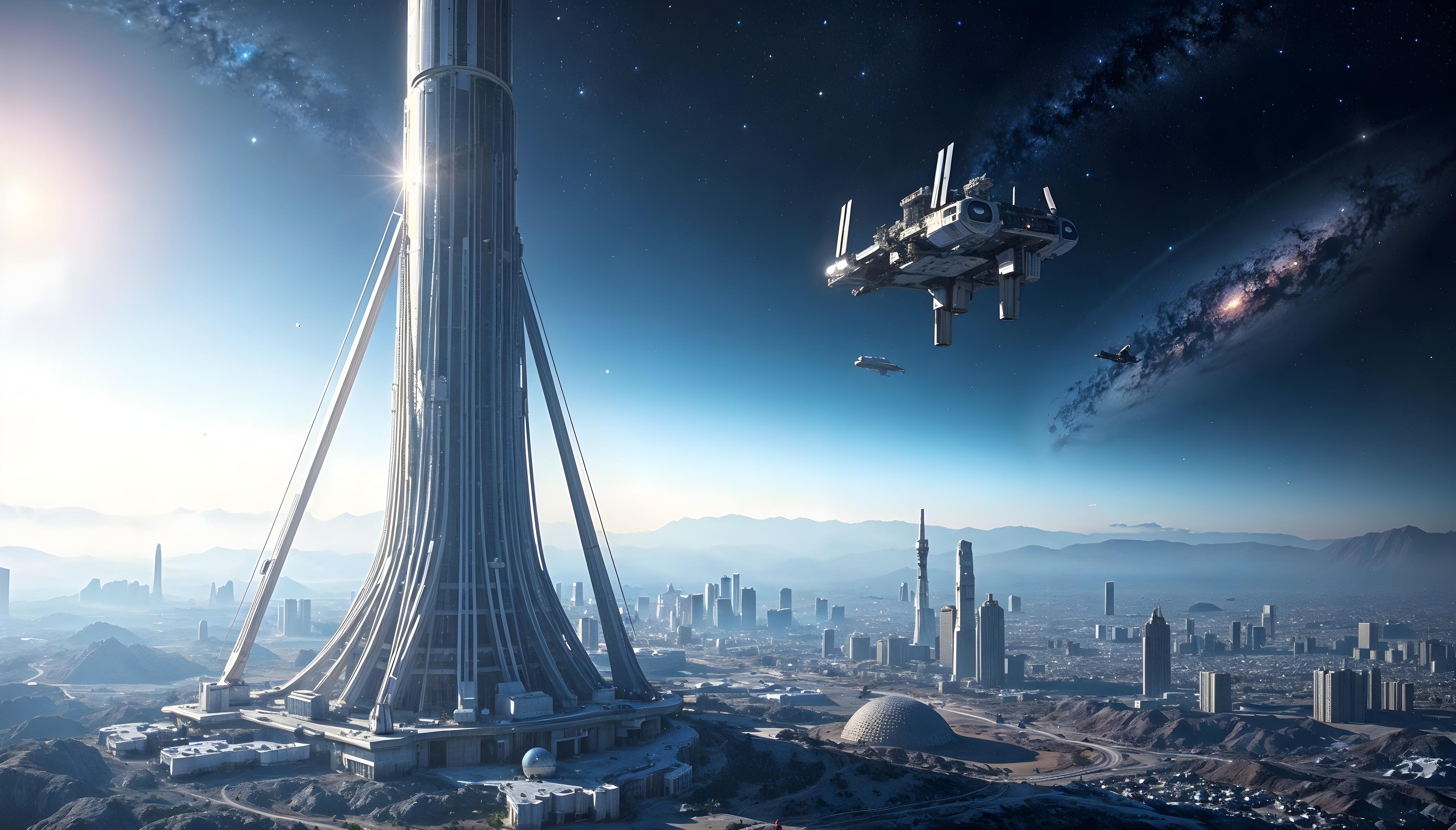 Image of the base of a space elevator showing a space port, surrounding high rise urban areas, and futuristic flying vehicles. Set against a star filled sky in the background.