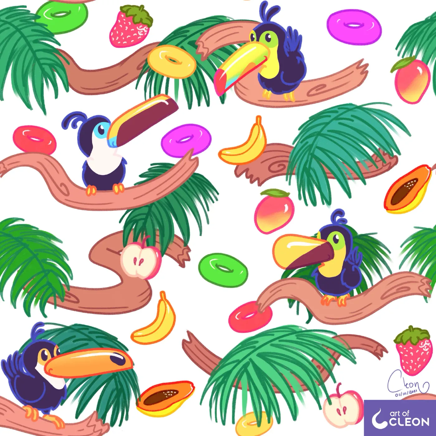 Square crop of the finished Touc Fruits repeat on white: four cartoon toucan species perch on winding pink branches among green palm fronds, papaya, mango, bananas, apples, strawberries, and bright cereal rings.