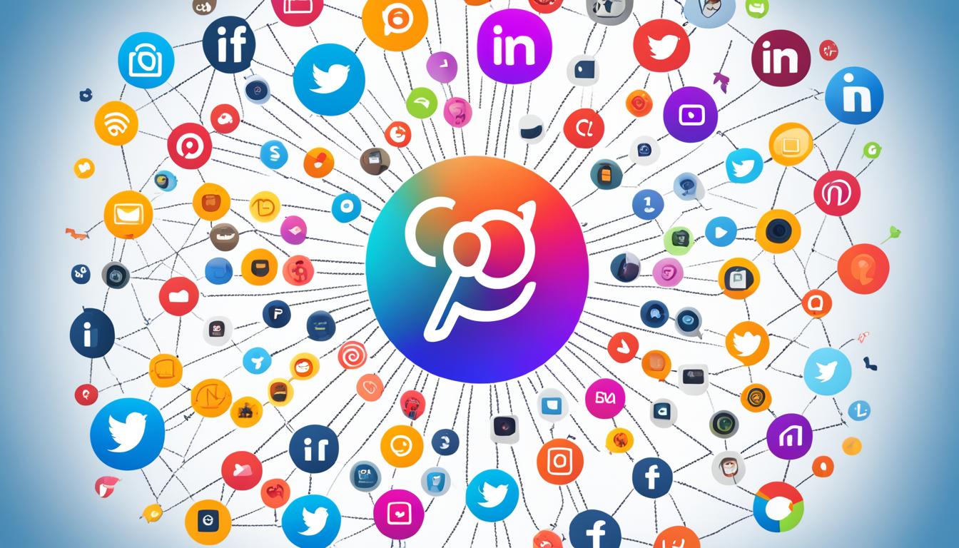 An image of a colorful web of interconnected social media platforms, with Instagram at the center and arrows pointing outwards to other channels like Facebook, Twitter, and LinkedIn. The Instagram icon should be prominently displayed and surrounded by icons representing different marketing strategies, such as influencer partnerships, user-generated content, and paid advertising. The overall image should convey a sense of cohesion and integration between the various marketing tactics, all working together to drive engagement and growth on Instagram.